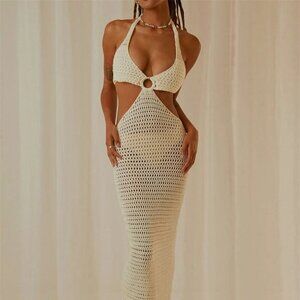 🆕 Beach Crochet Backless Maxi Dress with Deep V Halter Neck